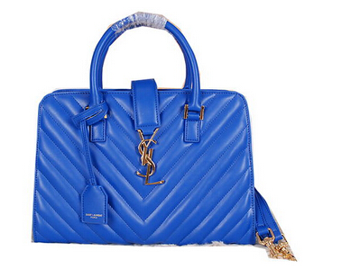2014 New Saint Laurent Medium Cabas Monogram Leather Top Handle Bag Y7108 Blue